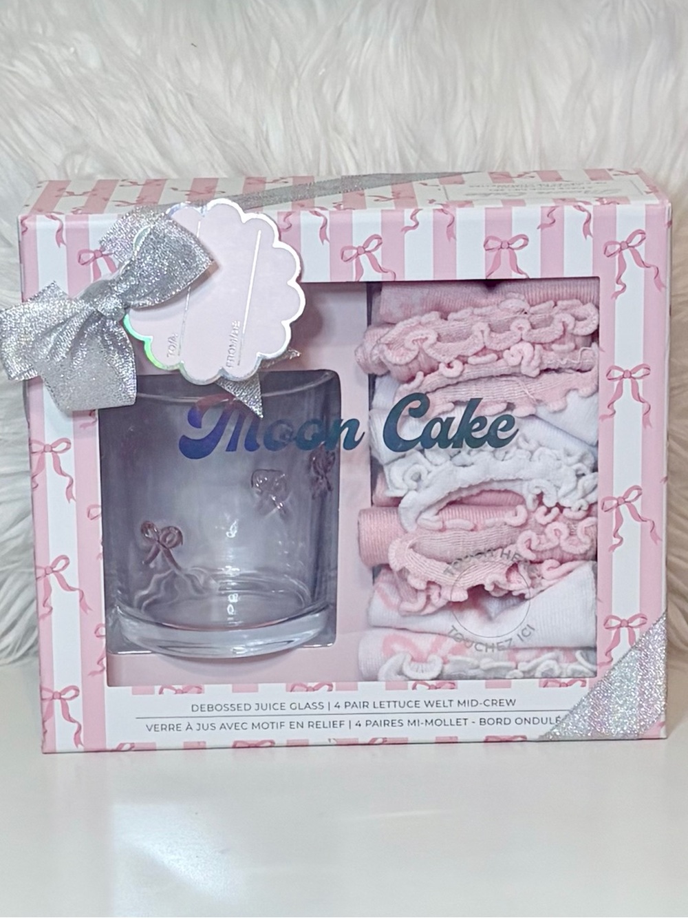 Mooncake Pink Debossed Glass & Curly Lettuce Welt Mid Crew Socks Gift Set NWT